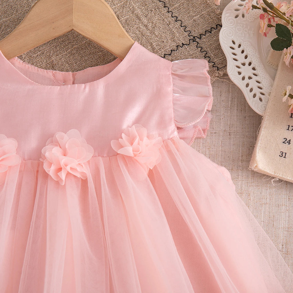 Korean Style Sweet Solid Color Baby Girl Dress Summer Fashion Flower Birthday Party Gift or Wedding Princess Fairy Toddler Dress