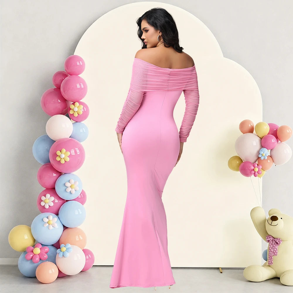 Maternity Mesh Off Shoulder Long Sleeve Baby Shower Dress Bodycon Mermaid Hem Party Evening Gown for Photoshoot