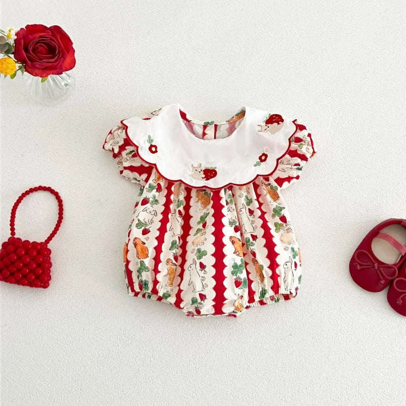 insBaby Girl Rabbit Cartoon Print Embroidered Collar Romper Infant Toddler Sweet Summer Short Sleeve Jumpsuit
