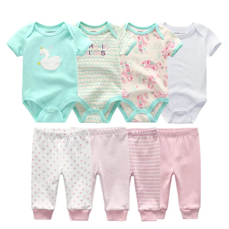 8-Piece Cartoon Baby Bodysuits and Pants Cotton Newborn Unisex Short Sleeve Onesies Trousers 0-12 Months