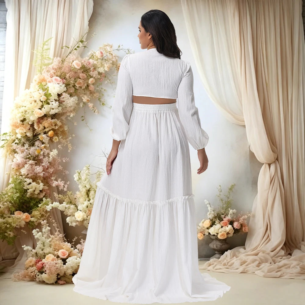 Maternity Photoshoot Outfit V-Neck Long-Sleeved Sexy Wrap Top Side-Slit Long Skirt Set Pregnant Woman For Baby Shower