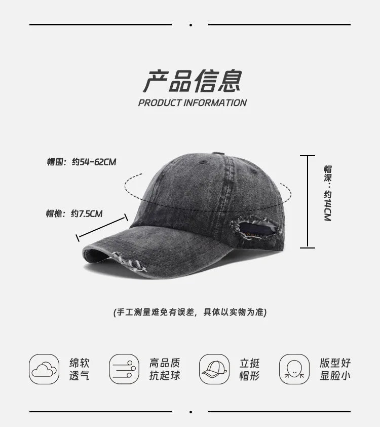 Cross-border Washed Distressed Embroidered Denim Baseball Cap Solid Color Outdoor Travel Sun Protection Visor Cap