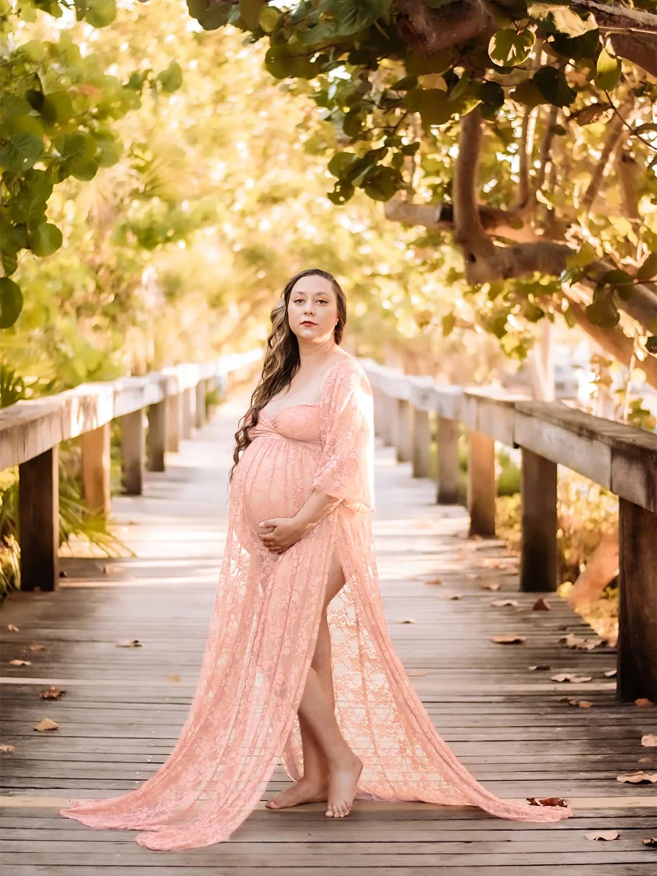 Maternity Dress Soft Stretchy Lace Off Shoulder Doubly Split A line Skirt Pregnancy Maxi Gown for Photoshoot