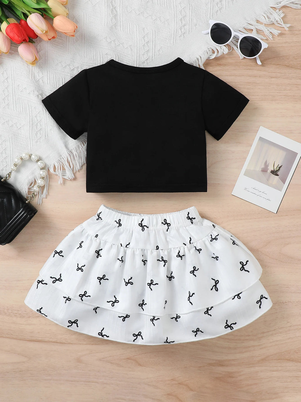 0-3 Year Baby girl Set Round Neck Bow print Short sleeved Shirt+Bouble-layer skirt set, toddler summer fashion set Baby Clothing