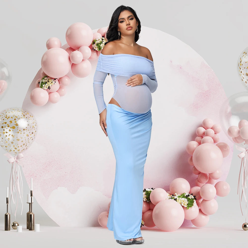 Maternity Long Sleeves off Shoulder Photoshoot Dress Mesh Exposed Belly Women Pregnancy Photography Gown for Baby Shower