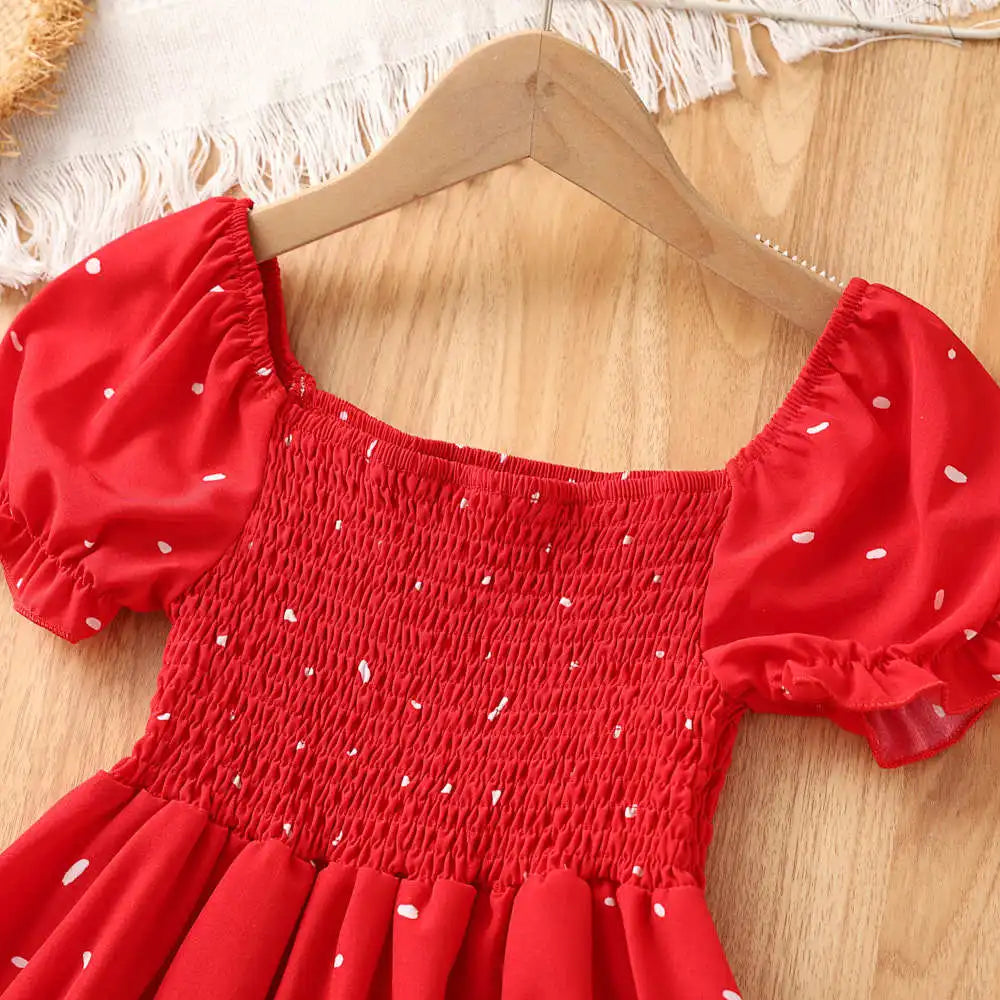 Girls Heart Print Puff Sleeve Dress – Summer Bow Princess Dress for Kids Ages 2-8, Cute Toddler Party & Daily Wear