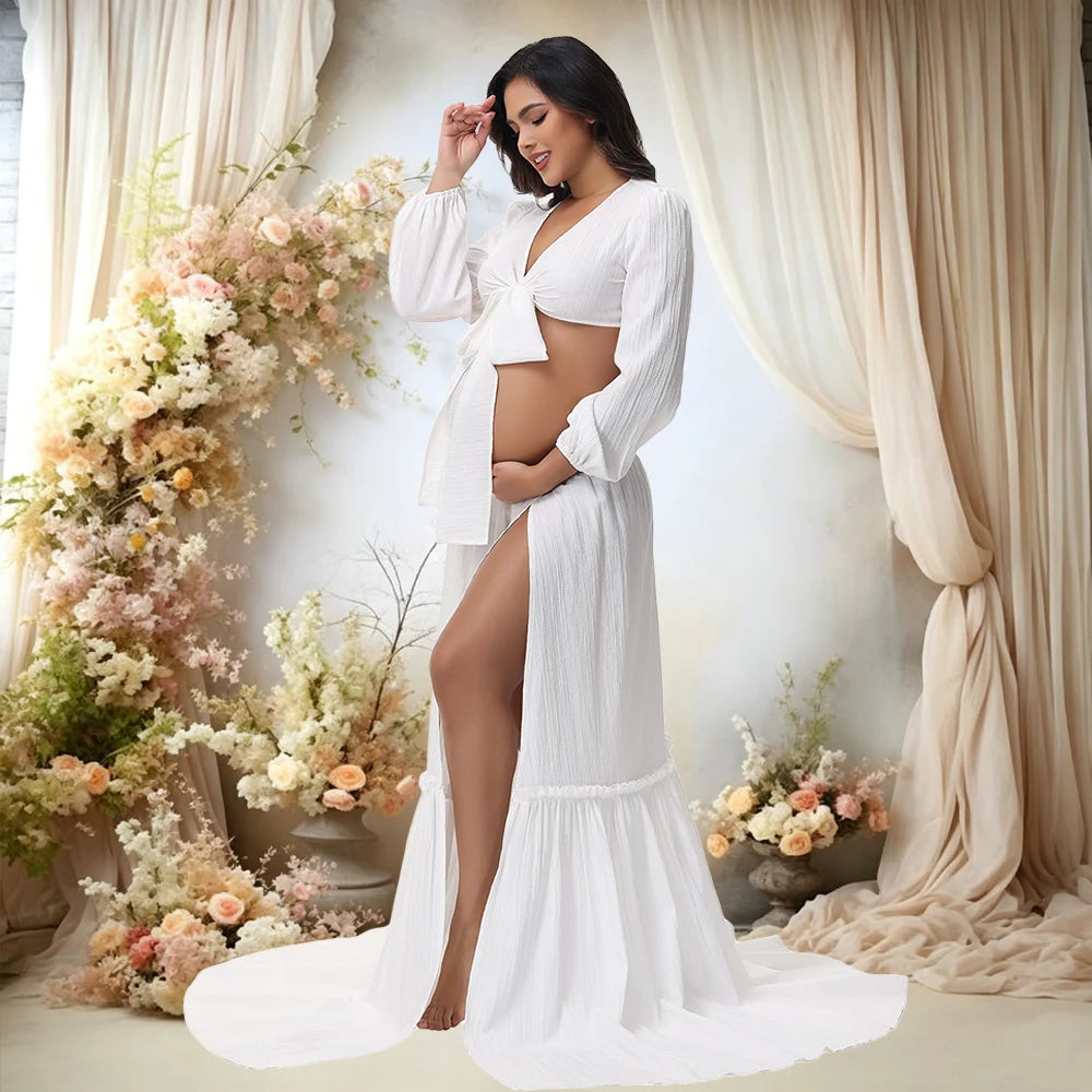 Maternity Photoshoot Outfit V-Neck Long-Sleeved Sexy Wrap Top Side-Slit Long Skirt Set Pregnant Woman For Baby Shower