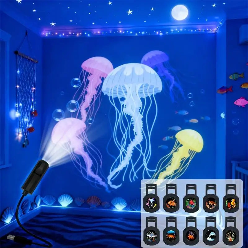 LED USB Projector Light 3/6pcs Projection Patterns- Adjustable Whale Butterfly Jellyfish Starfish Night Light Festival Gift