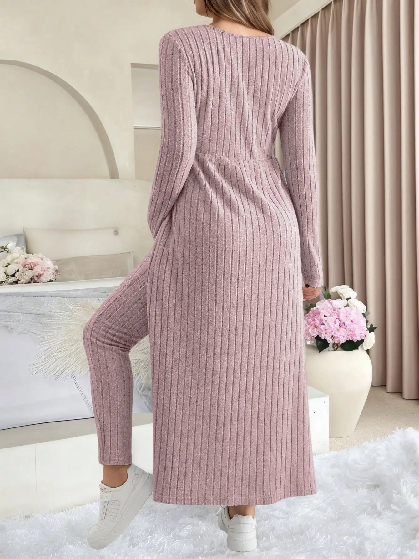 Maternity Women's Two Piece Sets and Outfits Long Sleeve Soft Ribbed Longline Casual Home Lounge Pants Set