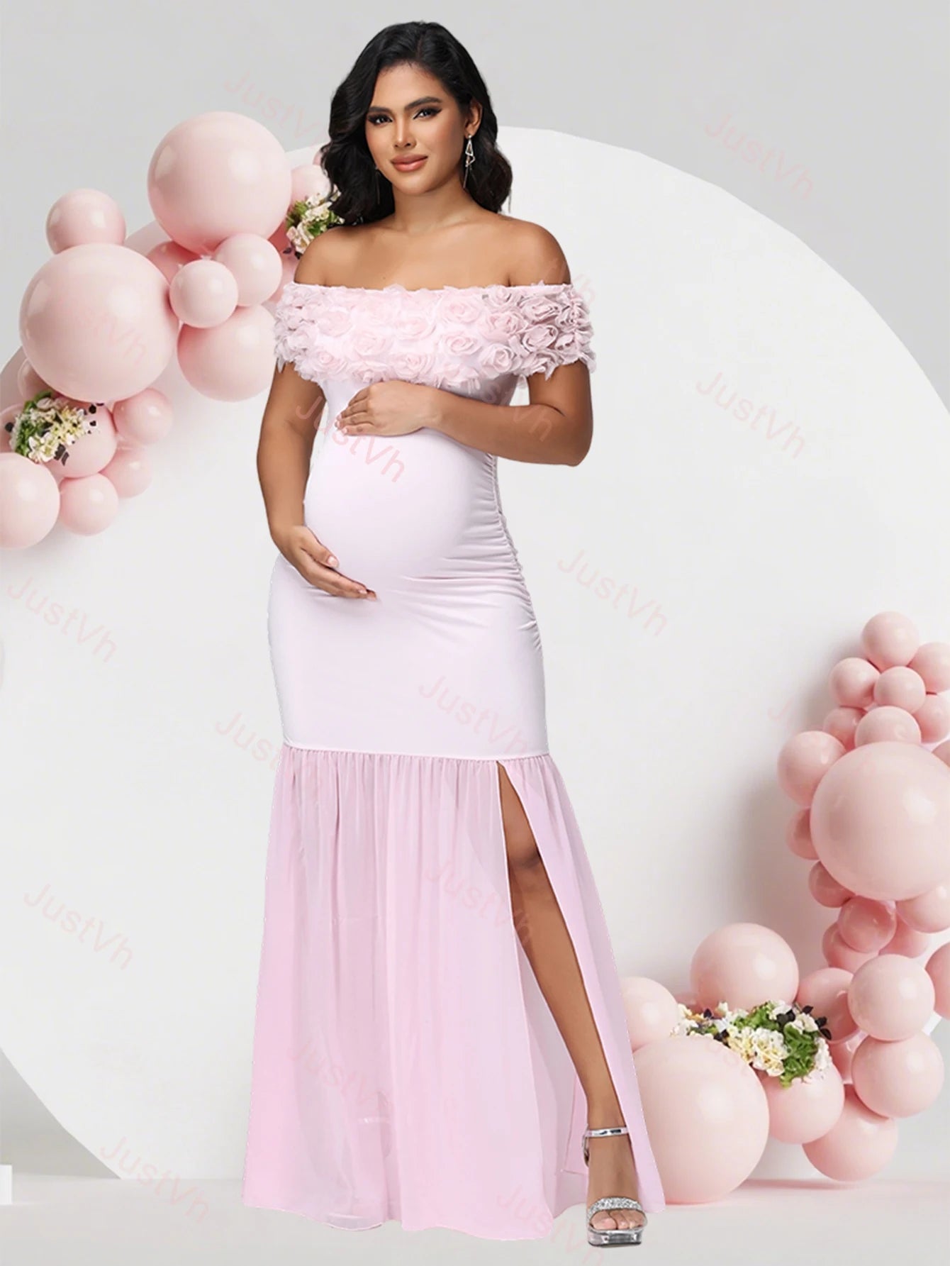 Maternity Floral off Shoulder Long Dress Chiffon Split Hem Photography Props Gown for Baby Shower