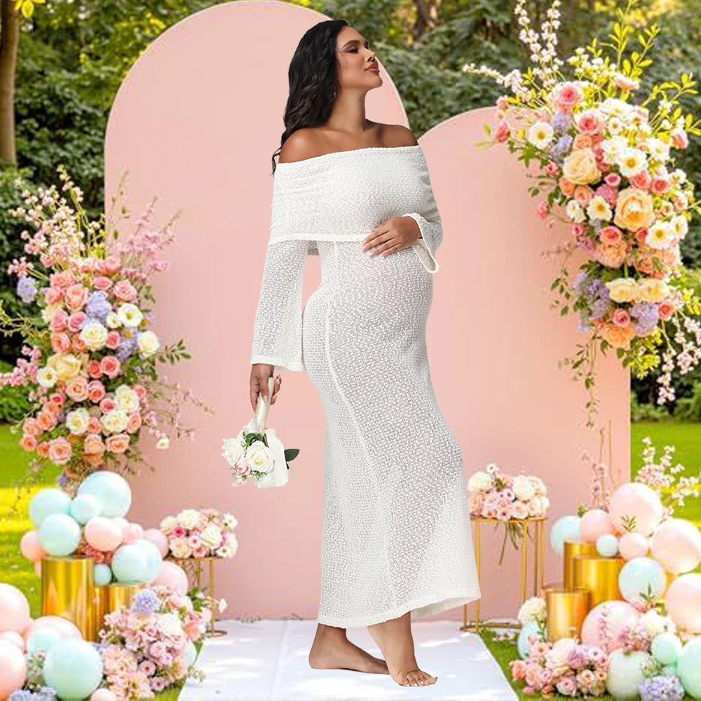 Maternity Off Shoulder Long Sleeves Semi-Sheer Knit Solid Dress for Baby Shower Party Photoshoot