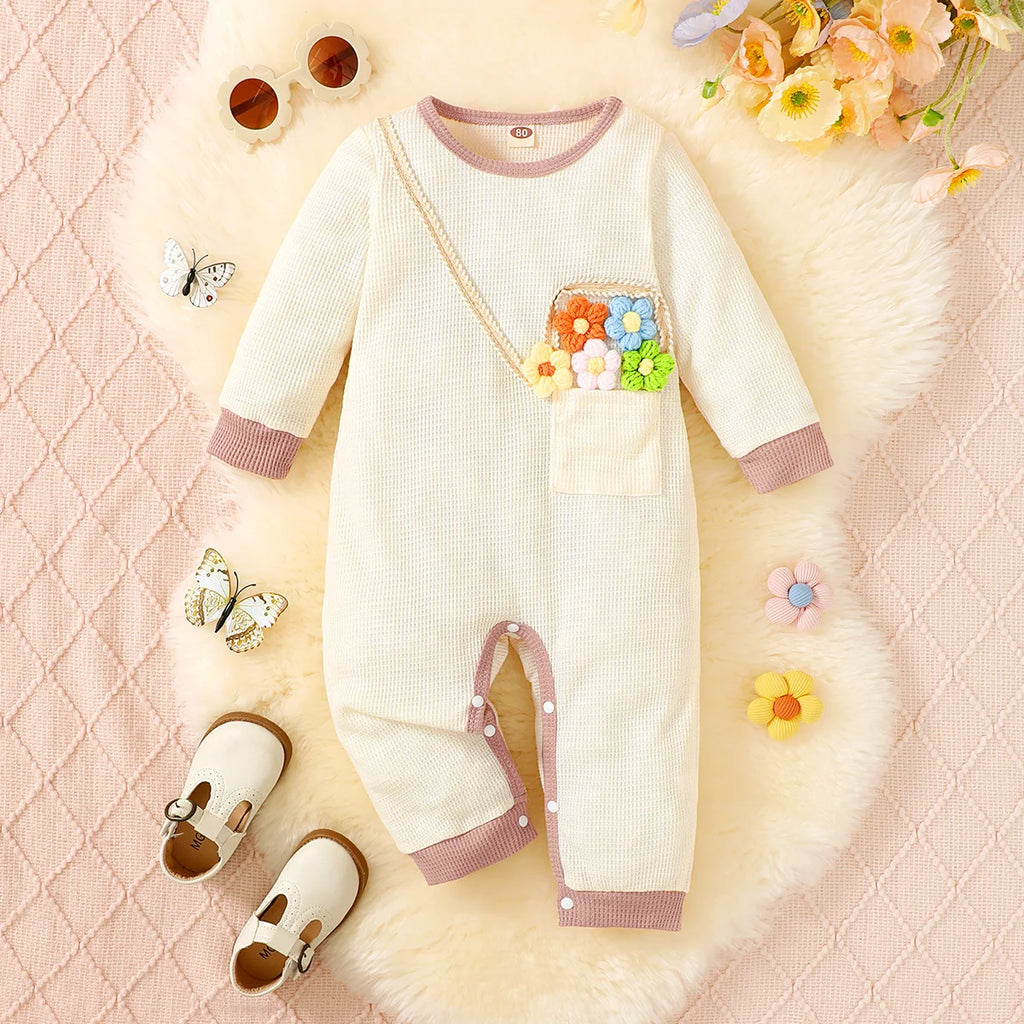 Newborn Baby Girl Jumpsuit Apricot Knit Flower Long sleeved Jumpsuit for Autumn Crawling Clothes for Baby Girls aged 0-12 Months