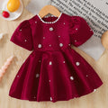 Baby girl Birthday Dress Bubble Sleeves and Pearl Decal wine Red Dress suitable for 0-3 Year old Daby girls Party Princess Dress
