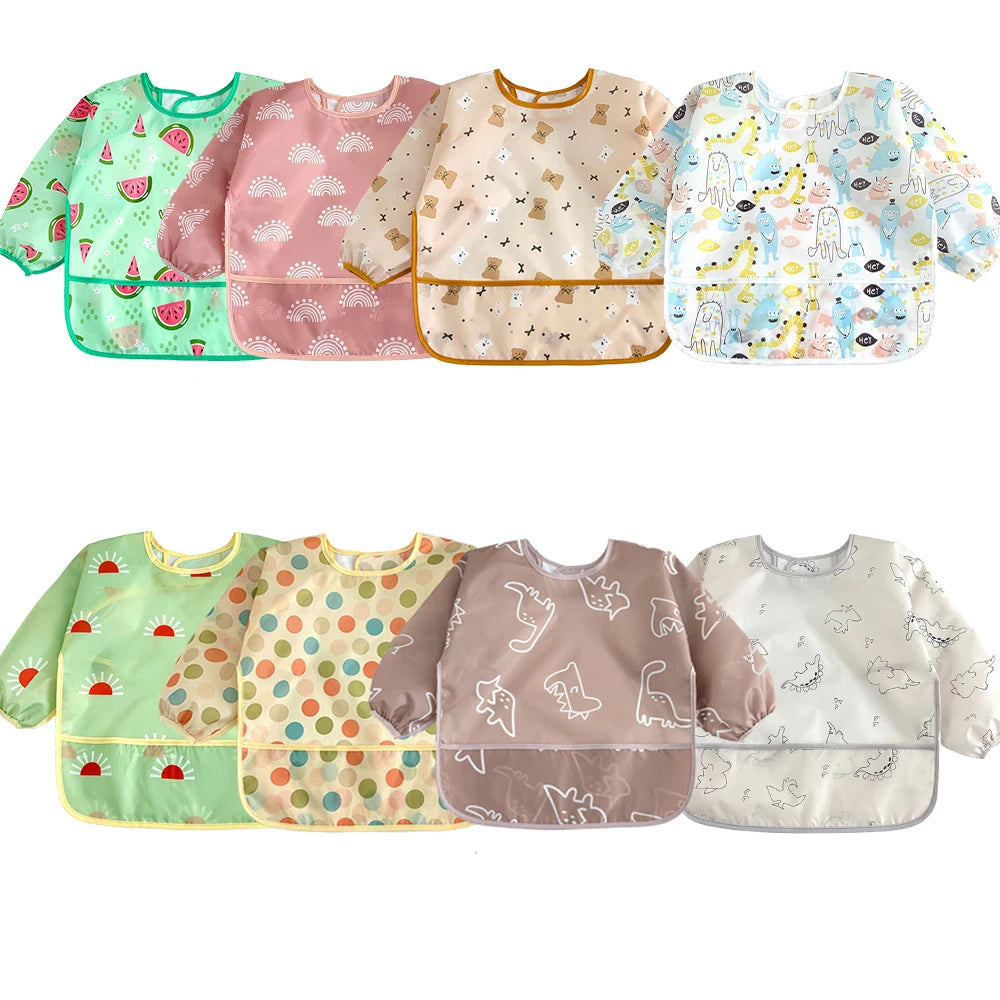 2pcs Waterproof Full Sleeve Baby Bibs Children Apron Long Sleeve Feeding Smock Kids Eating Breastplate Infant Scarf Clothing