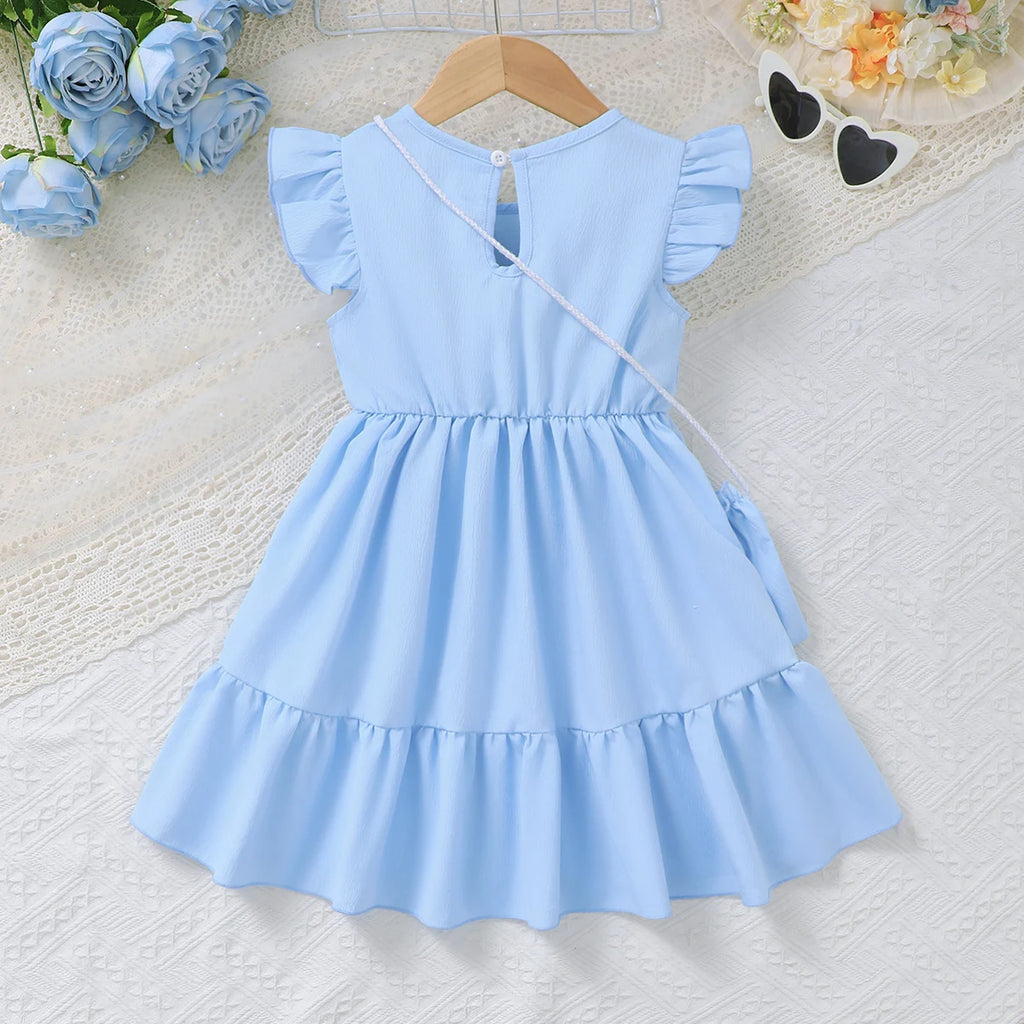 1-6 Year Girls' Summer Dress Round neck Beautiful Knitted Small Flower Embroidered Dress+Mini bag Set girls' Fashionable Dress