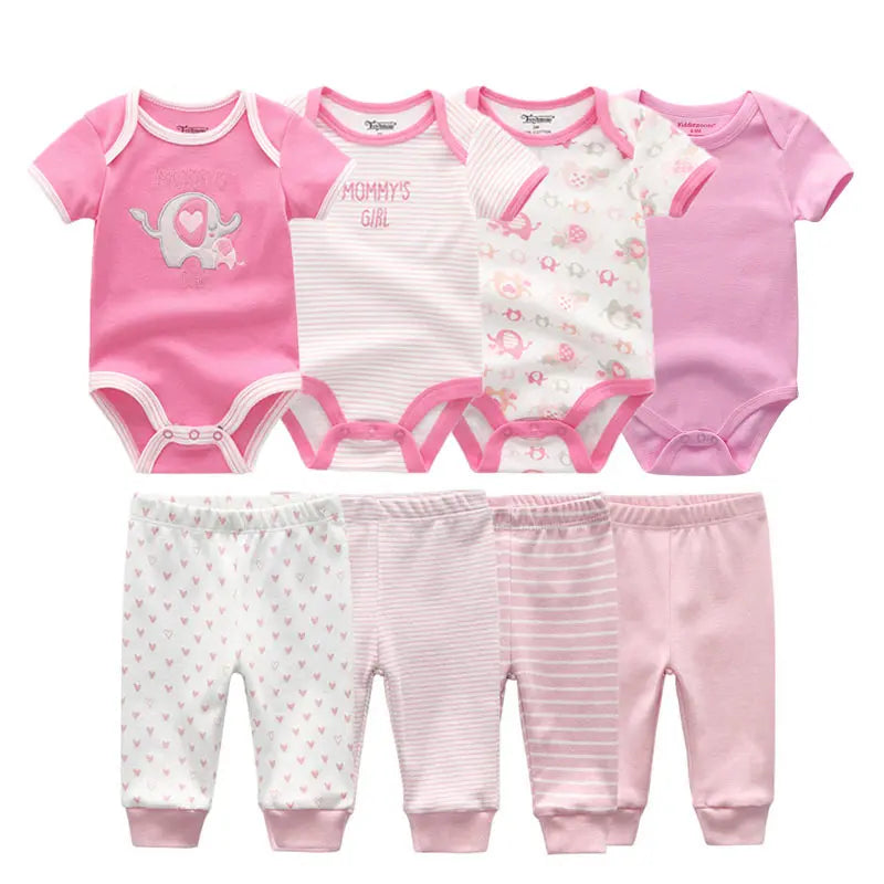 8-Piece Cartoon Baby Bodysuits and Pants Cotton Newborn Unisex Short Sleeve Onesies Trousers 0-12 Months