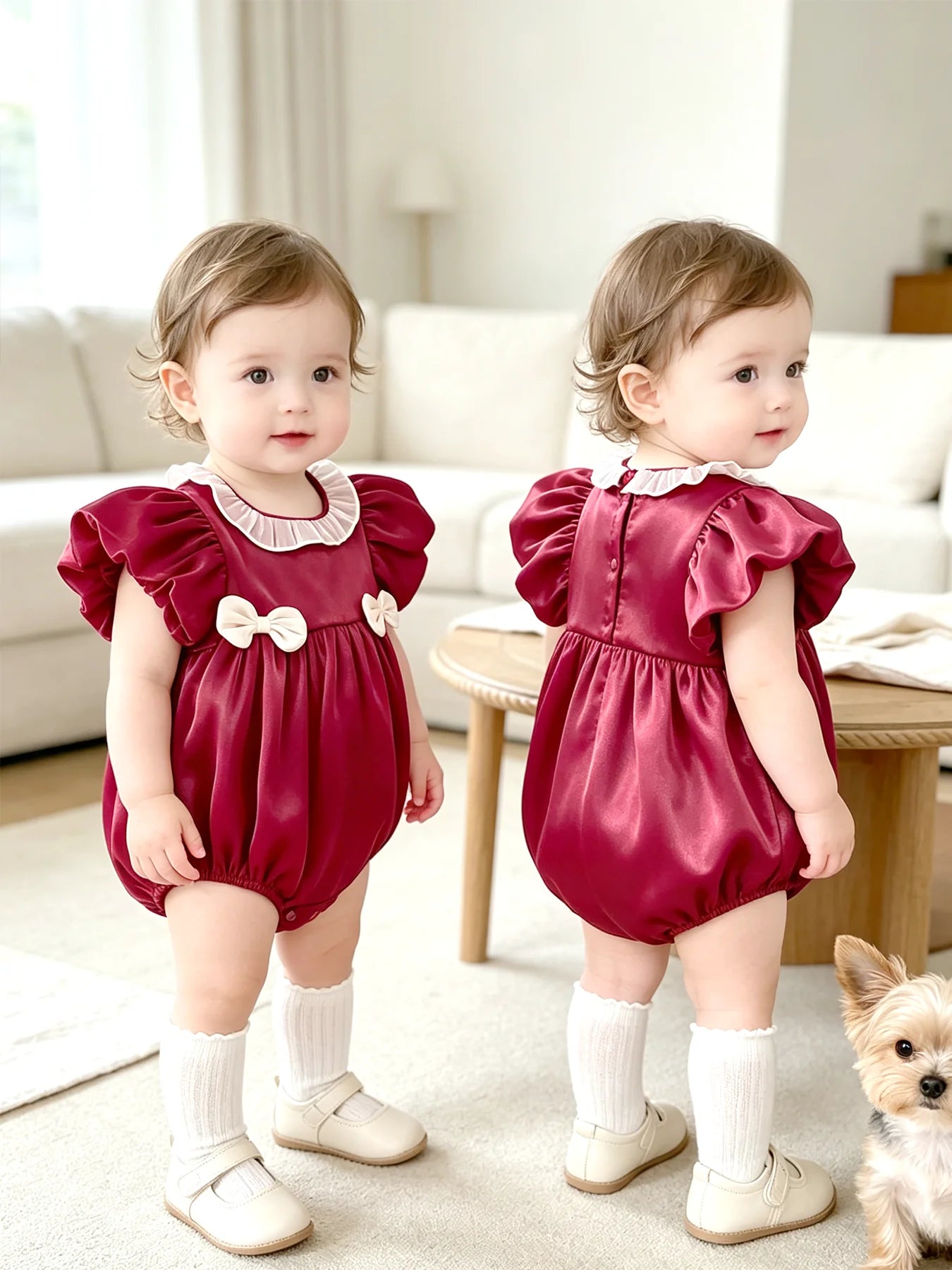 Baby-Fitting Ruffle-Collar, Cap-Sleeve, Bow-Tie Burgundy Baby Girl Onesie—Cute Spring/Summer Outfit for Newborns