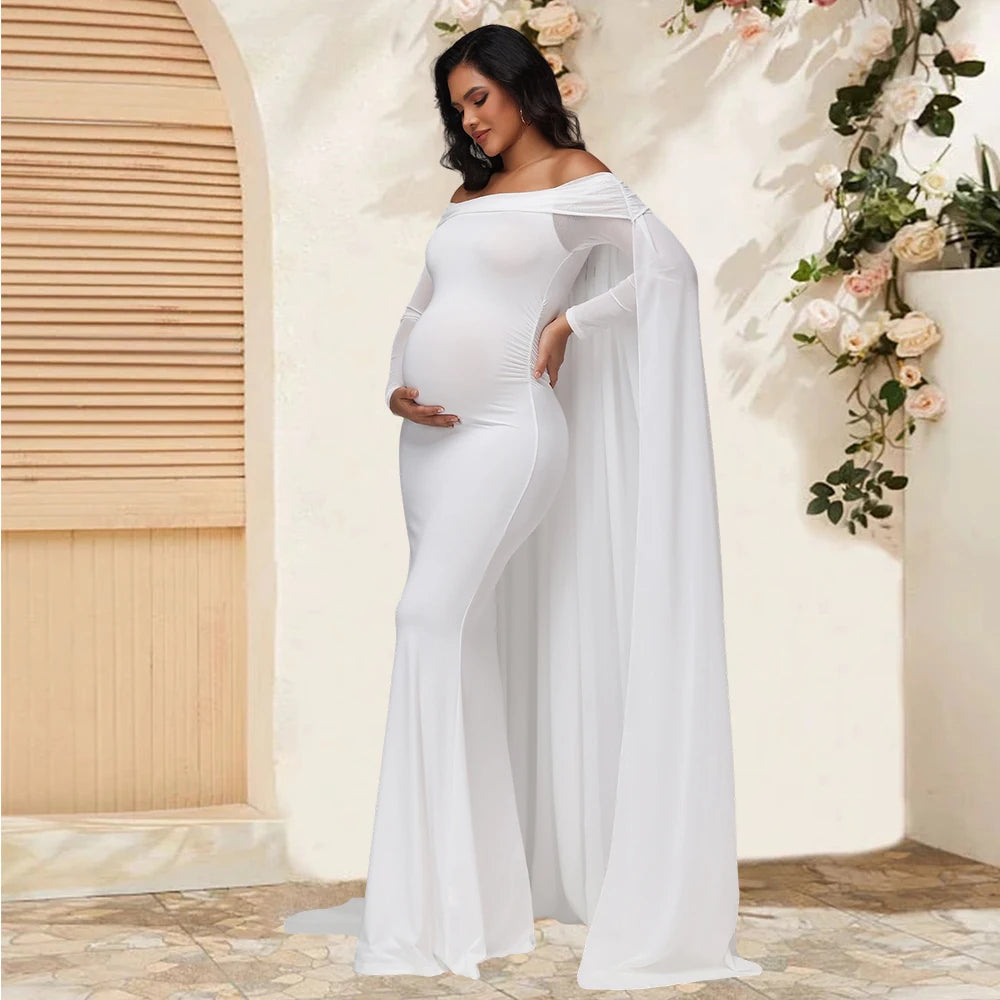 Maternity Mesh Long Sleeve Off Shoulder Chiffion Shawl Long Dress Photography Bodycon Mermaid Gown for Photoshoot Baby Shower