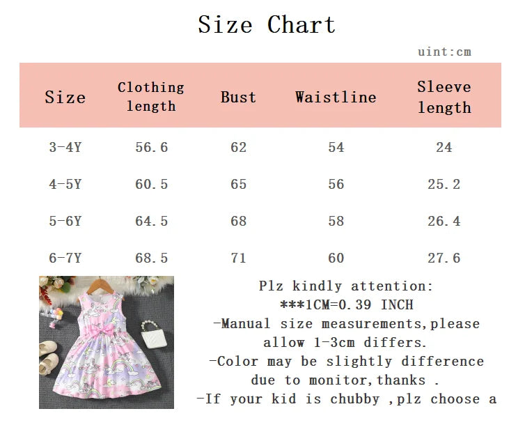 4-7 Year old Girls' Sleeveless Dress, Round neck Unicorn Print, Colorful Dreamy Dress, Girls' Summer Outfit children's clothing