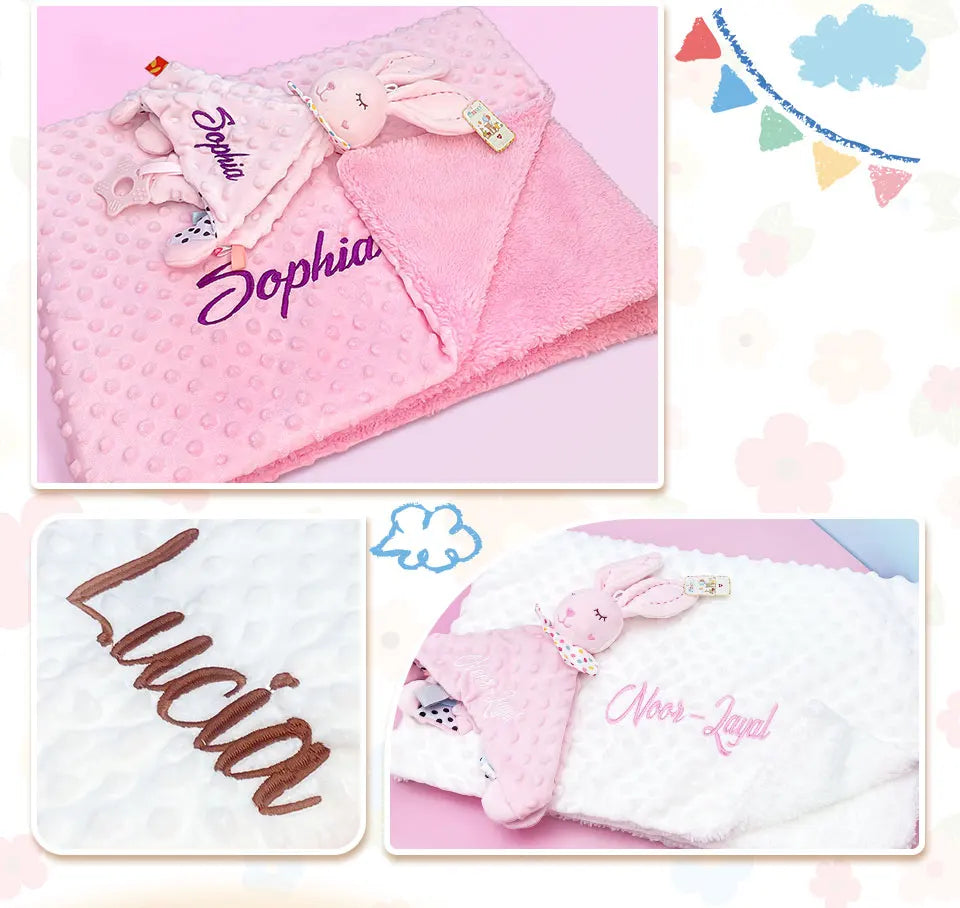 Personalized Newborn Baby Blanket with Name Custom Dot Minky Stroller Swaddle Set Security Towel Baby Shower Gift for Infant Boy