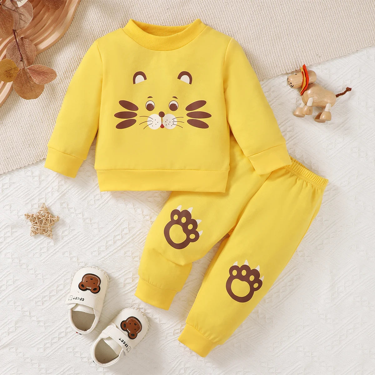 2Pcs Baby Boy Casual Set Cartoon Little Tiger Long Sleeve+Long Sleeve Set Suitable for 0-3 Year Men's Baby Spring and Autumn Set
