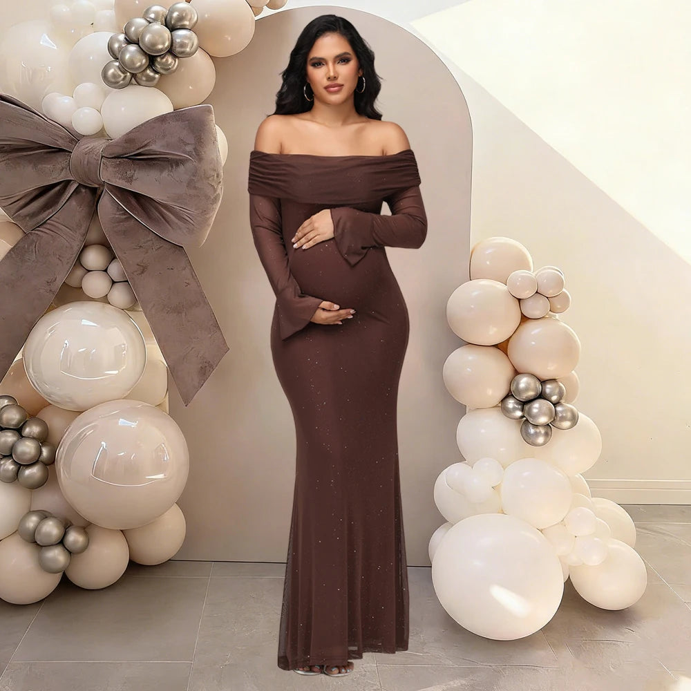 Maternity Off Shoulder Bell Sleeve Sequin Mesh Long Dress Party Elegant Bodycon Gown for Photoshoot Baby Shower