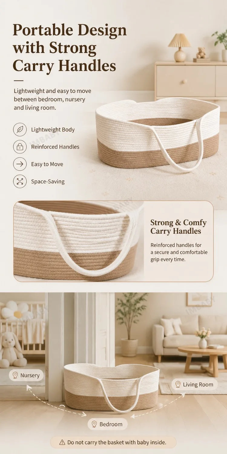 Portable Cotton Rope Baby Moses Basket, Breathable Woven Newborn Sleeping Bed with Handle, 2-in-1 Nursery Storage Organizer
