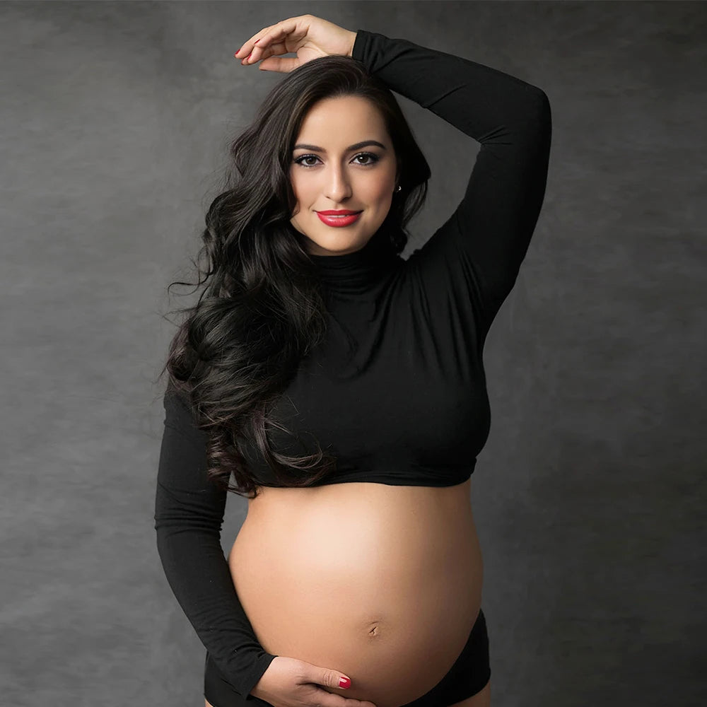 Maternity Long Sleeve T Shirts Womens Mock Neck Seamless Slim crop Tops For Pregnant photo shoot