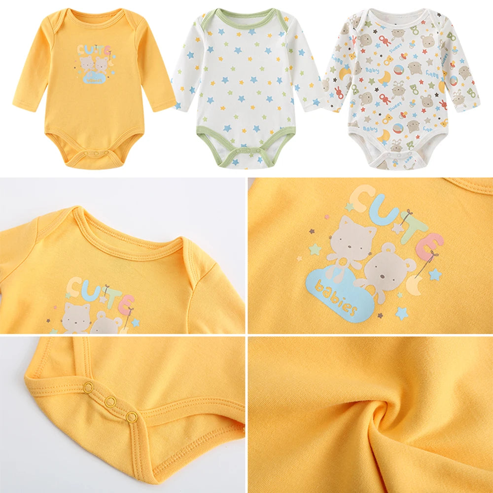 3-Pack Cartoon Long Sleeve Newborn Baby Boy Girl Bodysuits Spring Autumn 100%cotton Soft Baby Clothes