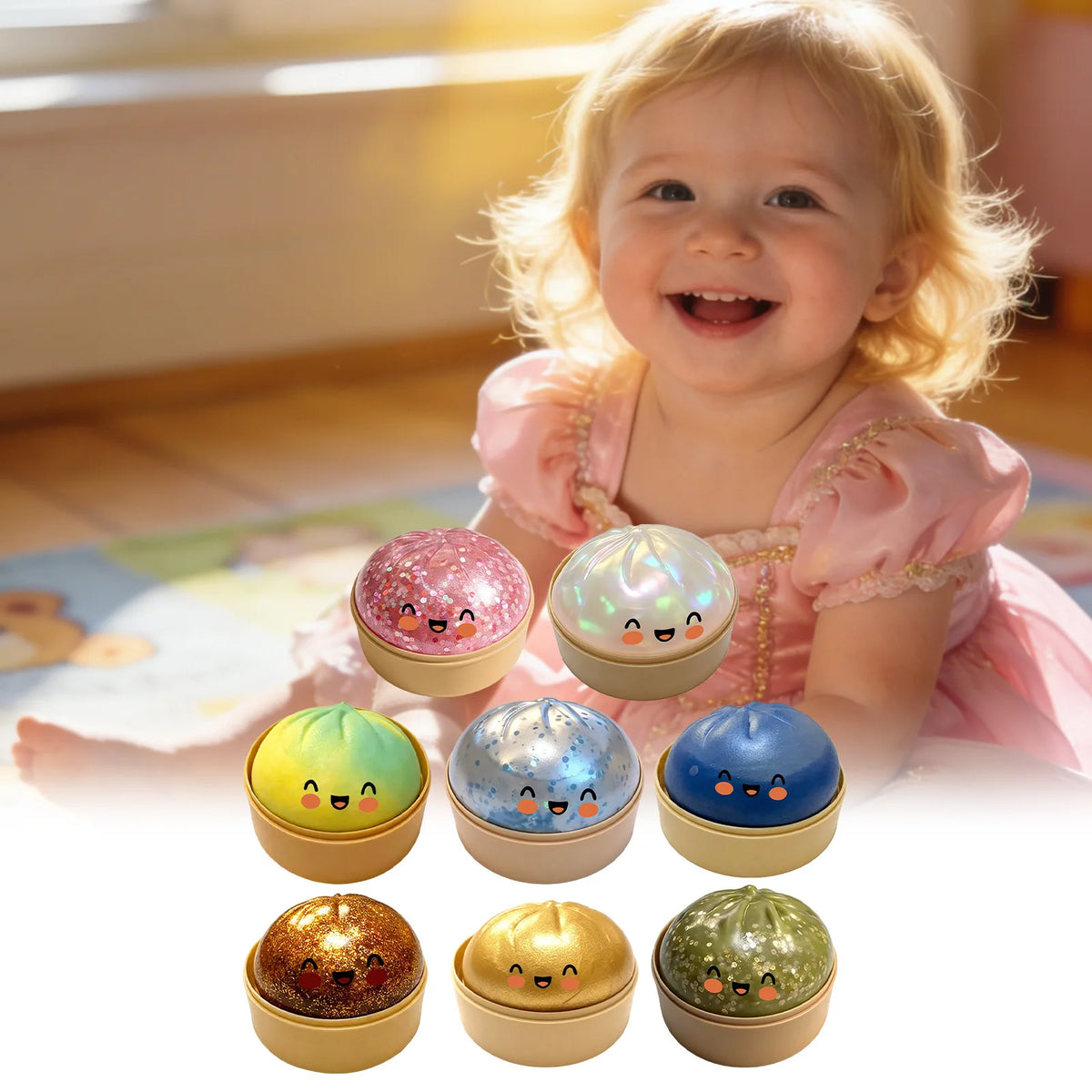 Cute Bao Bun Dumpling Squishy Slime Stress Relief Toys Non-Stick Clear Glitter Slime Stress Ball Fidget Toy for Kids Party Favor