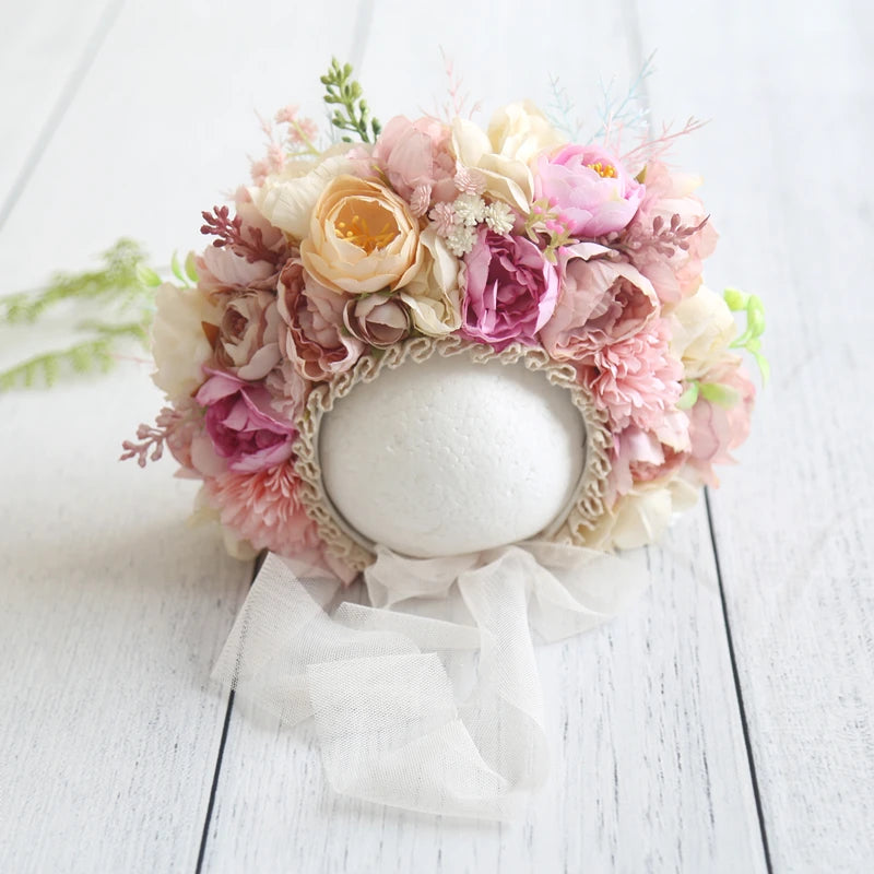 Vintage Newborn Floral Bonnet Baby Girl Hat For Photography Knitted Newborn Garden Flower Bonnet For Photo Shoot Props