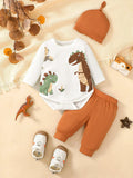 3Pcs Baby Boy Cartoon Dinosaur Print Jumpsuit+Pants+Hat Three Piece Set suitable 0-6 Months Newborn Spring and Autumn Set