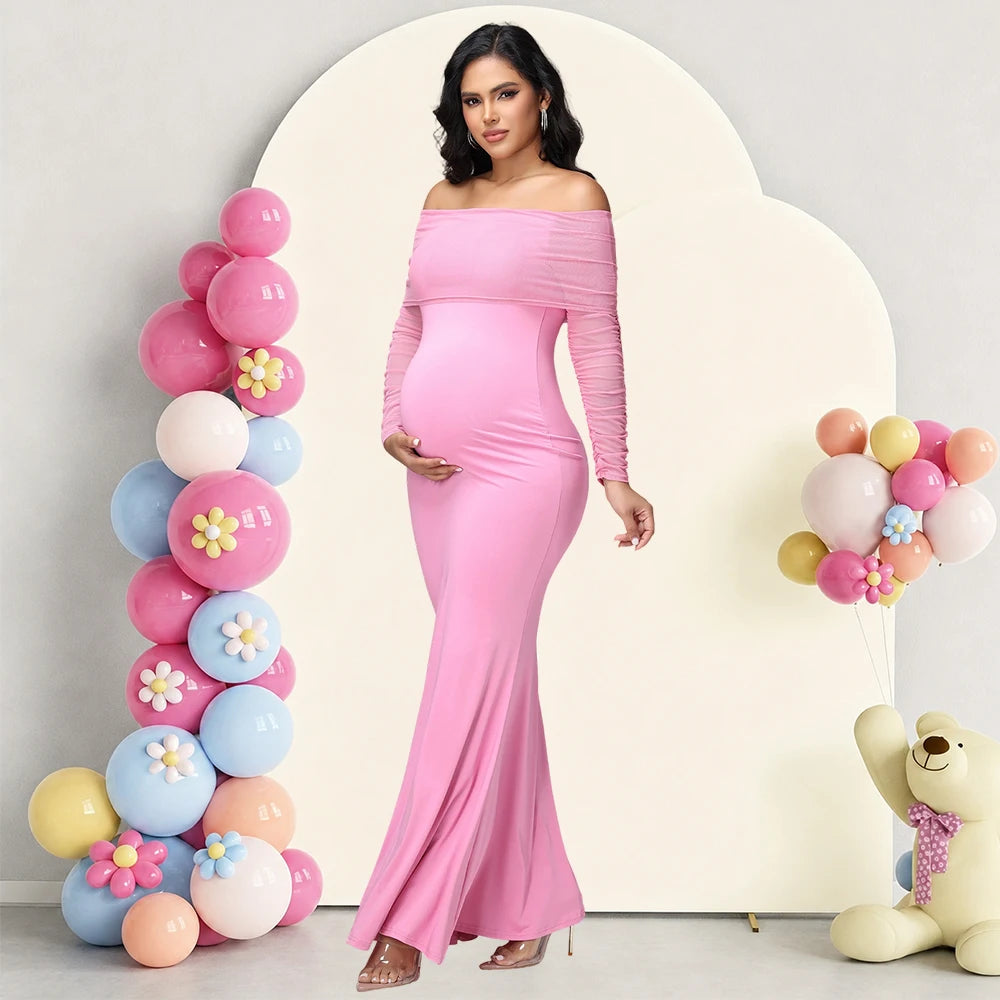 Maternity Mesh Off Shoulder Long Sleeve Baby Shower Dress Bodycon Mermaid Hem Party Evening Gown for Photoshoot