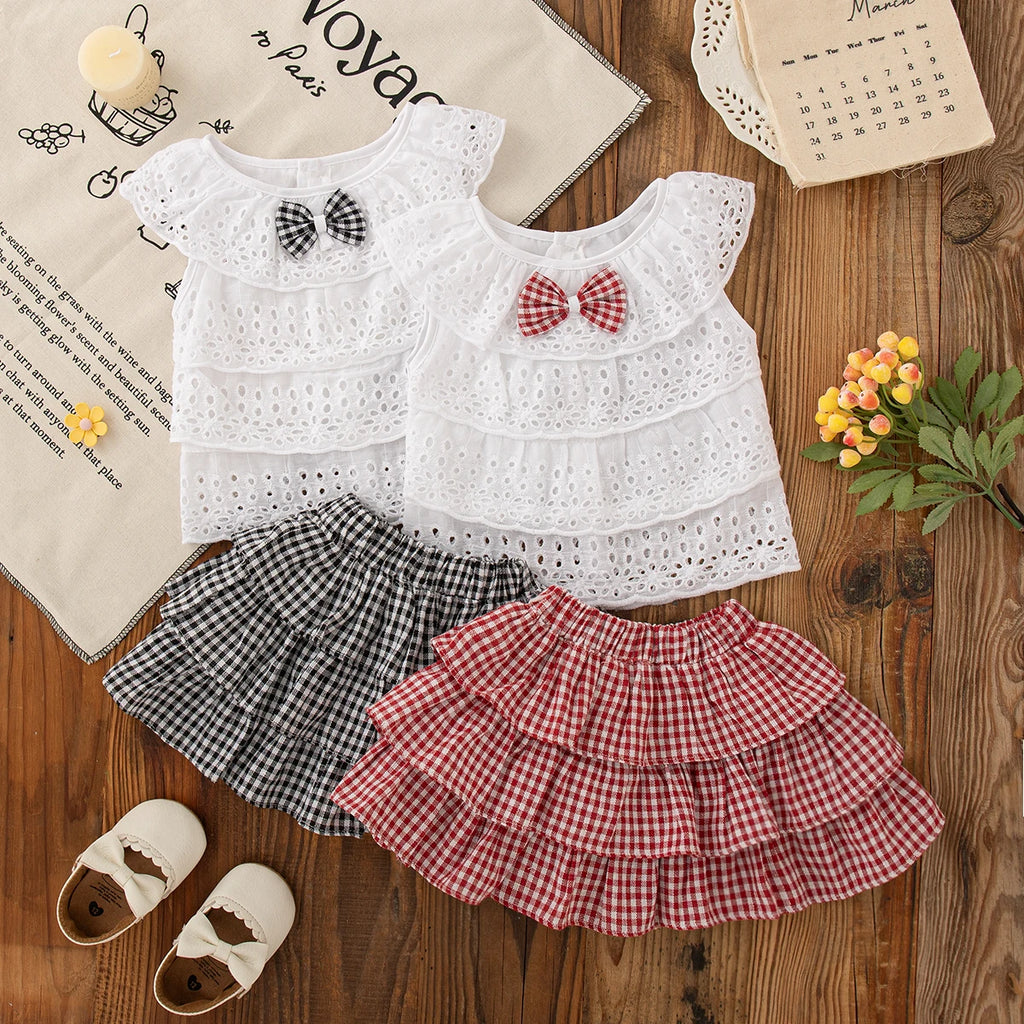 2pc/Set Girls' Suit Summer Bow And Plaid Lace Trim Short Sleeve Casual Toddler Girl Clothes Cute Simple Children Clothes