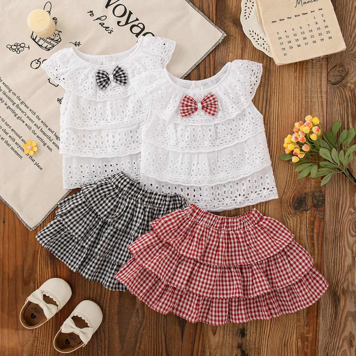 2pc/Set Girls' Suit Summer Bow And Plaid Lace Trim Short Sleeve Casual Toddler Girl Clothes Cute Simple Children Clothes