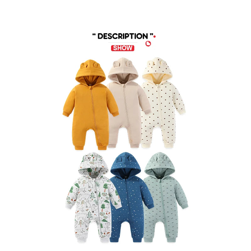 Winter Baby  Baby Unisex Long Sleeves Rompers Cartoon Cute Newborn Boy Girl Hooded Jumpsuits 0-18 Months Infant Zipper Clothes