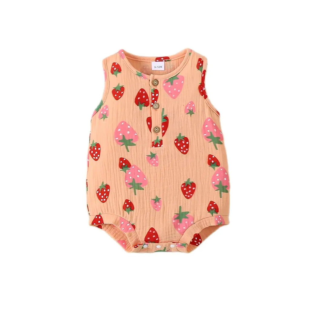 Summer Fashion Baby Girl Striped Triangle Jumpsuit Sleeveless Front Open Chest Full Print Strawberry Pattern Cute Baby Outfit
