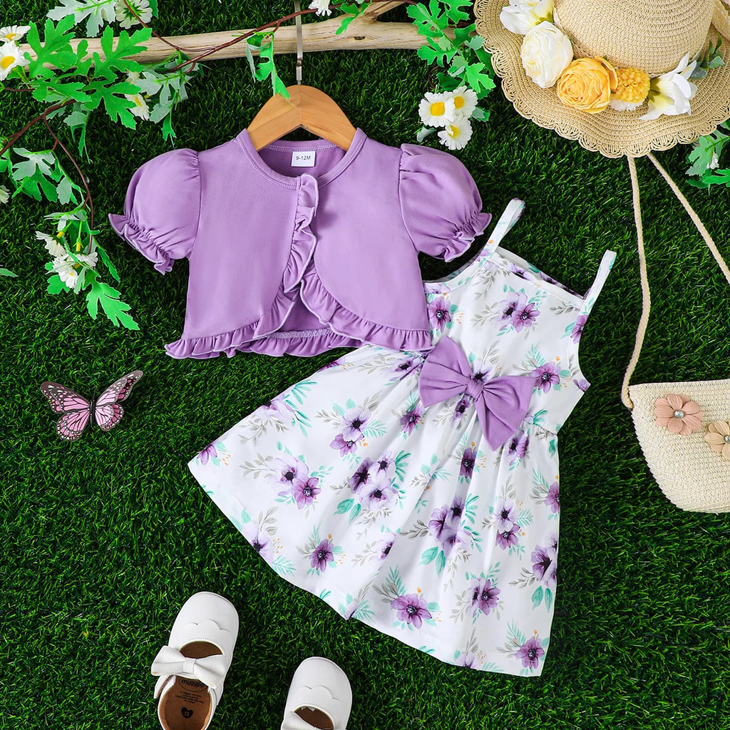 Baby girl Summer Dress Set Beautiful Purple Printed Suspender Dress+Ruffled shawl 2Pcs/set suitable for cute baby girls 0-3Years