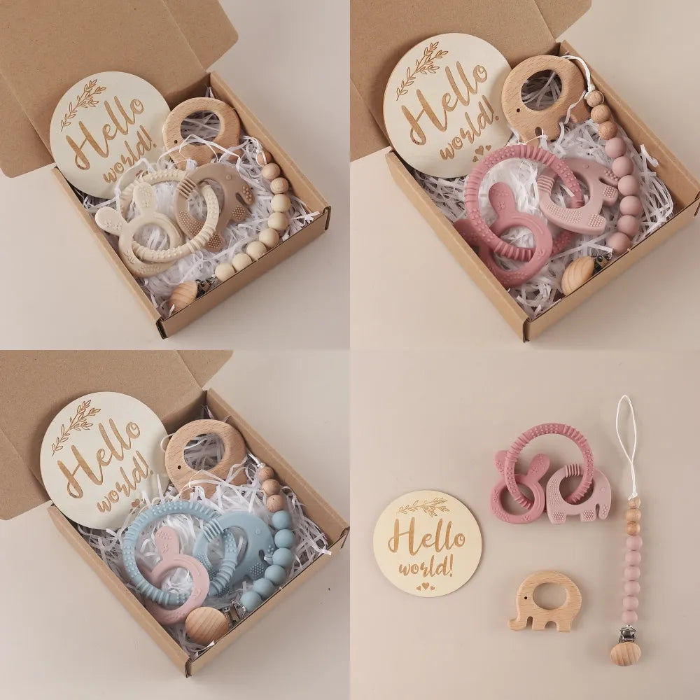 Baby Elephant & Bunny Teether Gift Set – 4 Piece Silicone Pacifier & Wooden Milestone Set