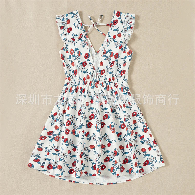 Parent-child Backless Dress Mummy Daughter Summer Floral Vestidos New Children Printed V-neck Gown Family Short Sleeve Clothing