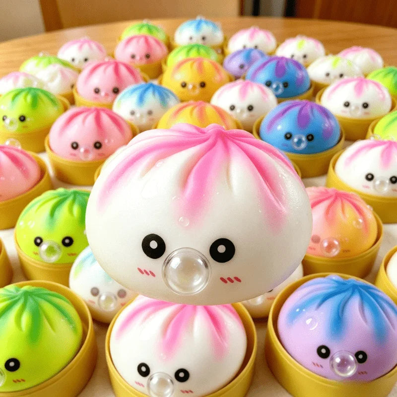 Kawaii Bubble Blowing Bun Squishy Set, Soft Baozi Squeeze Toy with Steamer Lid Base, Rising Stress Ball Funny Fidget Toy Kids