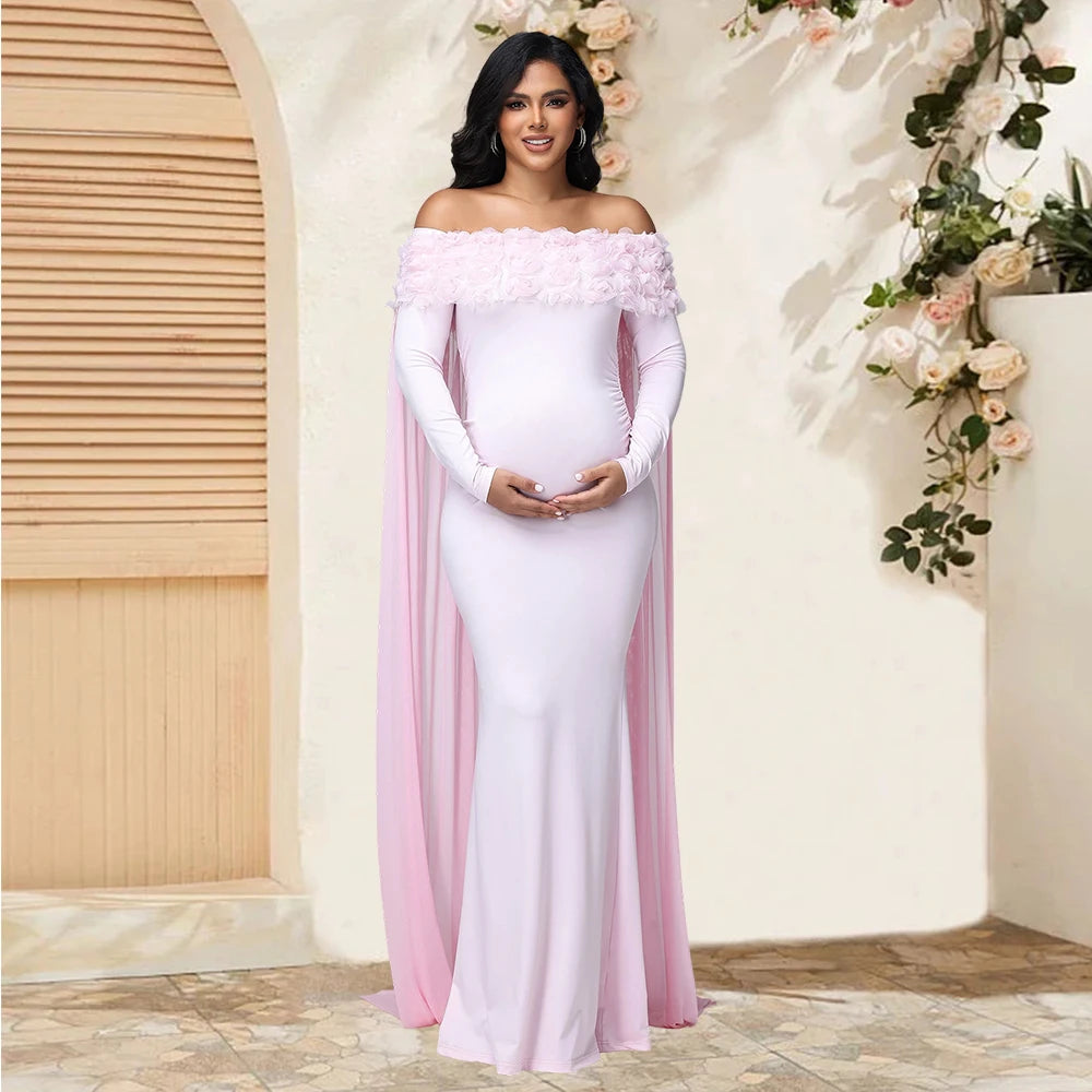 Maternity Women's Appliques Off Shoulder Long Sleeves Photography Dress Mesh Cloak Maxi Gown for Photoshoot Baby Shower