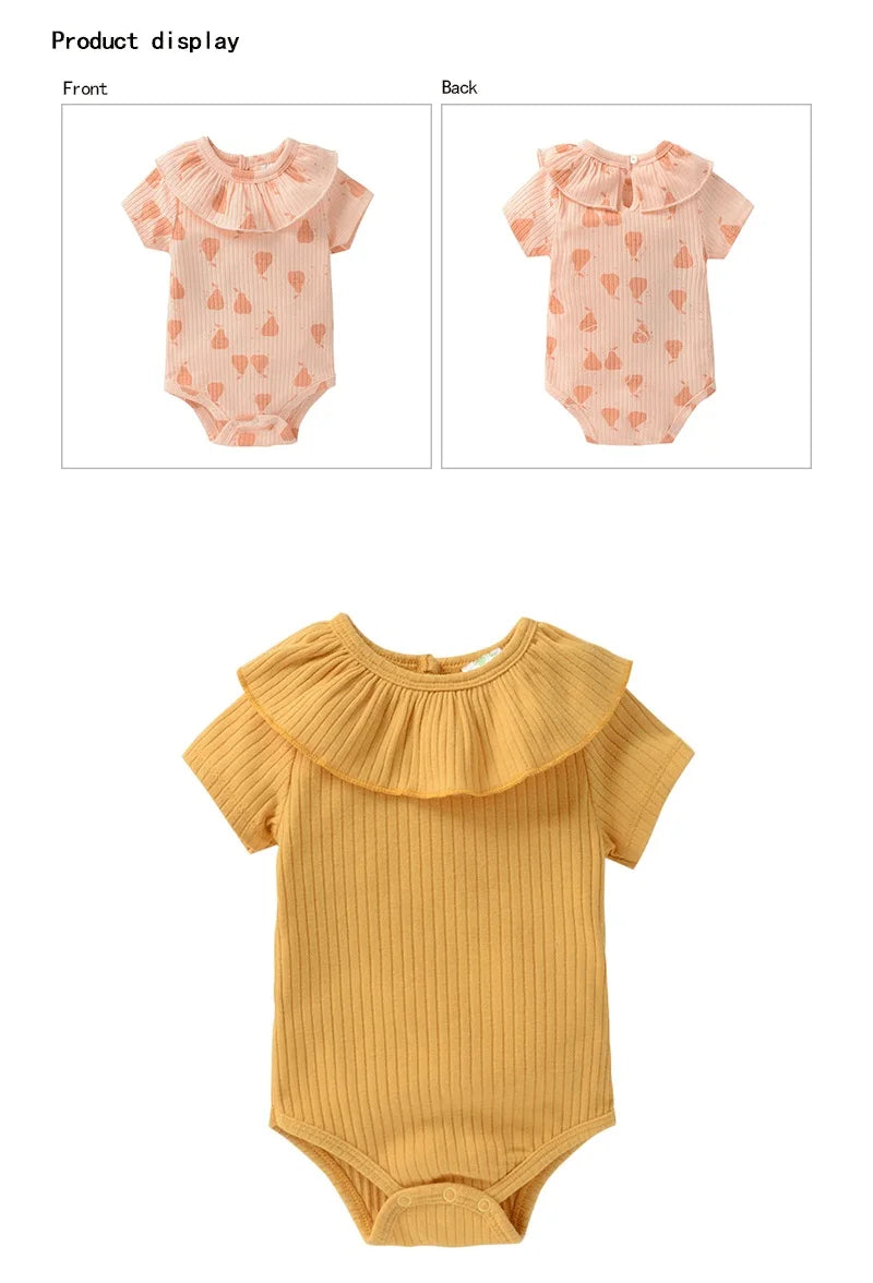 1 Piece Summer Short-sleeved Baby Bodysuit with Frills, Baby Girl with a Lace Collar and Ribbed Seam, a Cute Onesies