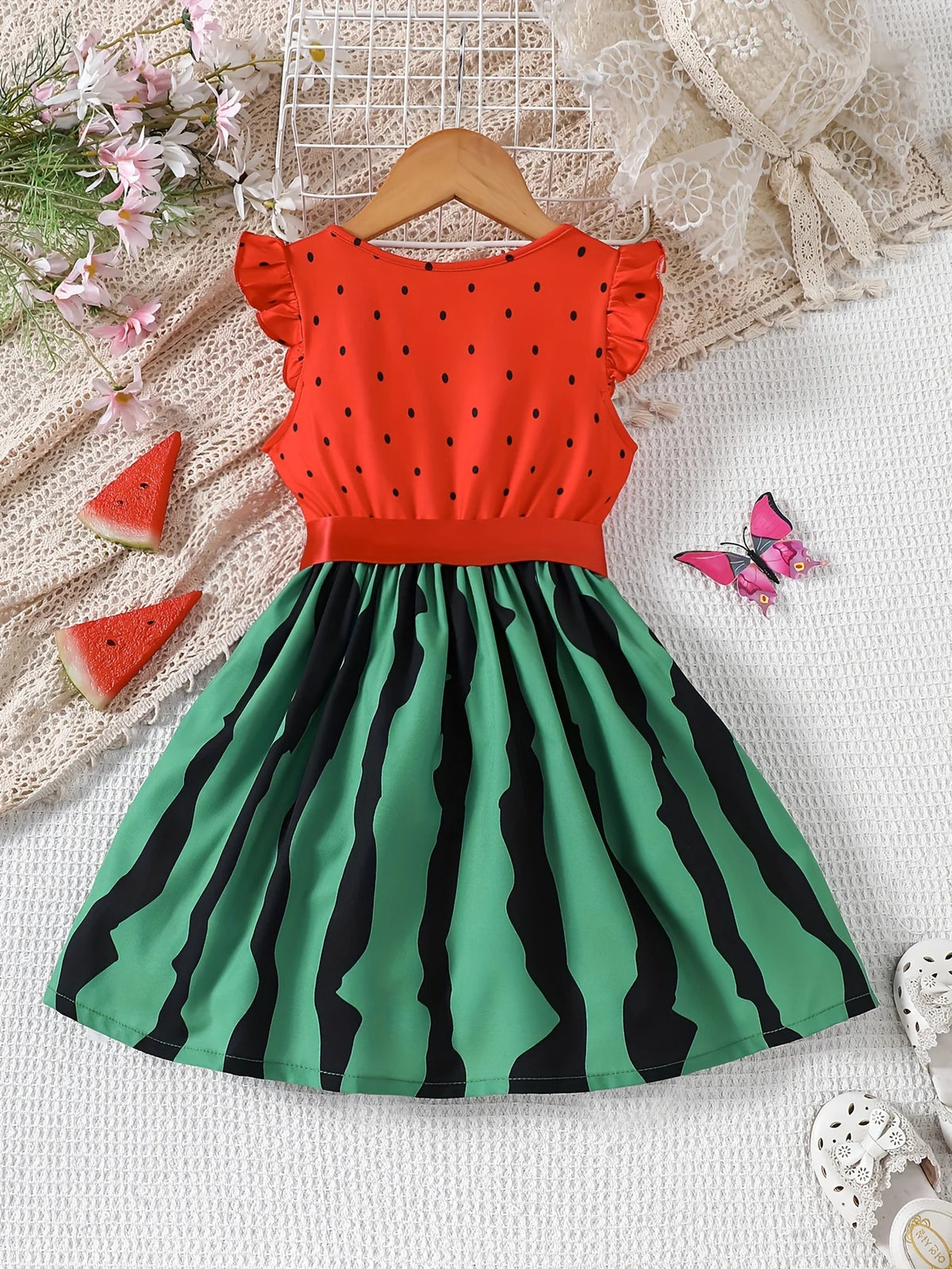 Girls Summer Knitted Digital Printed Watermelon Flying Sleeve Ruffle Sleeve Dress Holiday Beach Party Gift