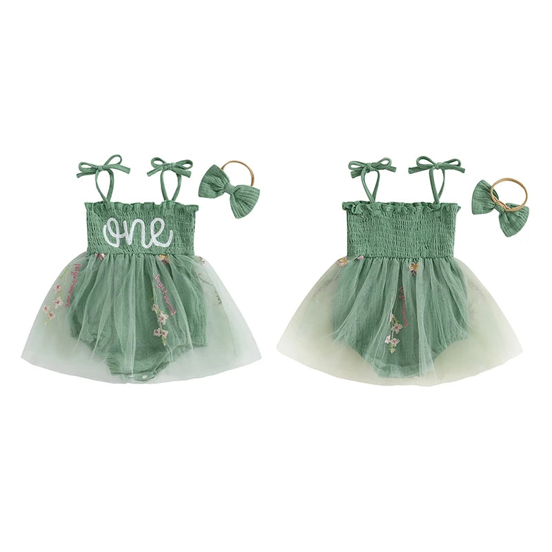 Newborn Baby Girl 1st Birthday Outfits Summer Cute Sleeveless Tie Strap Tulle Bodysuit Dress with Headband Set Infants Clothes