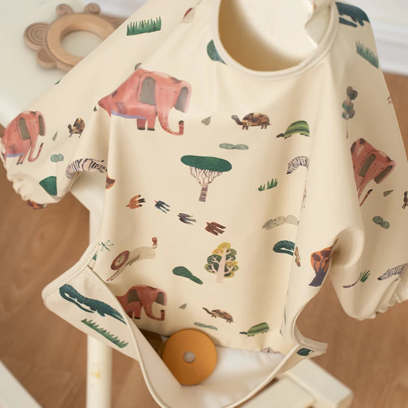 Long Sleeved Baby Feeding Bibs Cartoon Art Smock with Pocket Waterproof Children' Mealtime Dining Apron for Toddlers Boys Girls