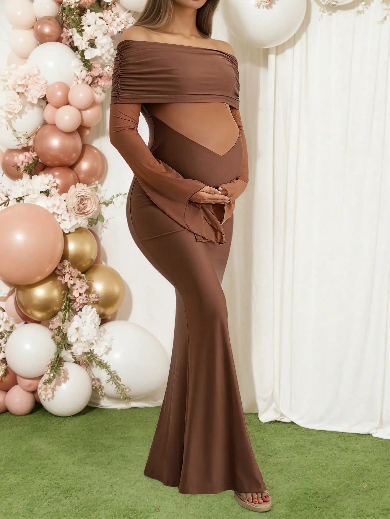 Maternity Women's Off Shoulder Formal Maxi Dress with Sheer Mesh Panel, Long Flare Sleeve Mermaid Gown for Baby Shower