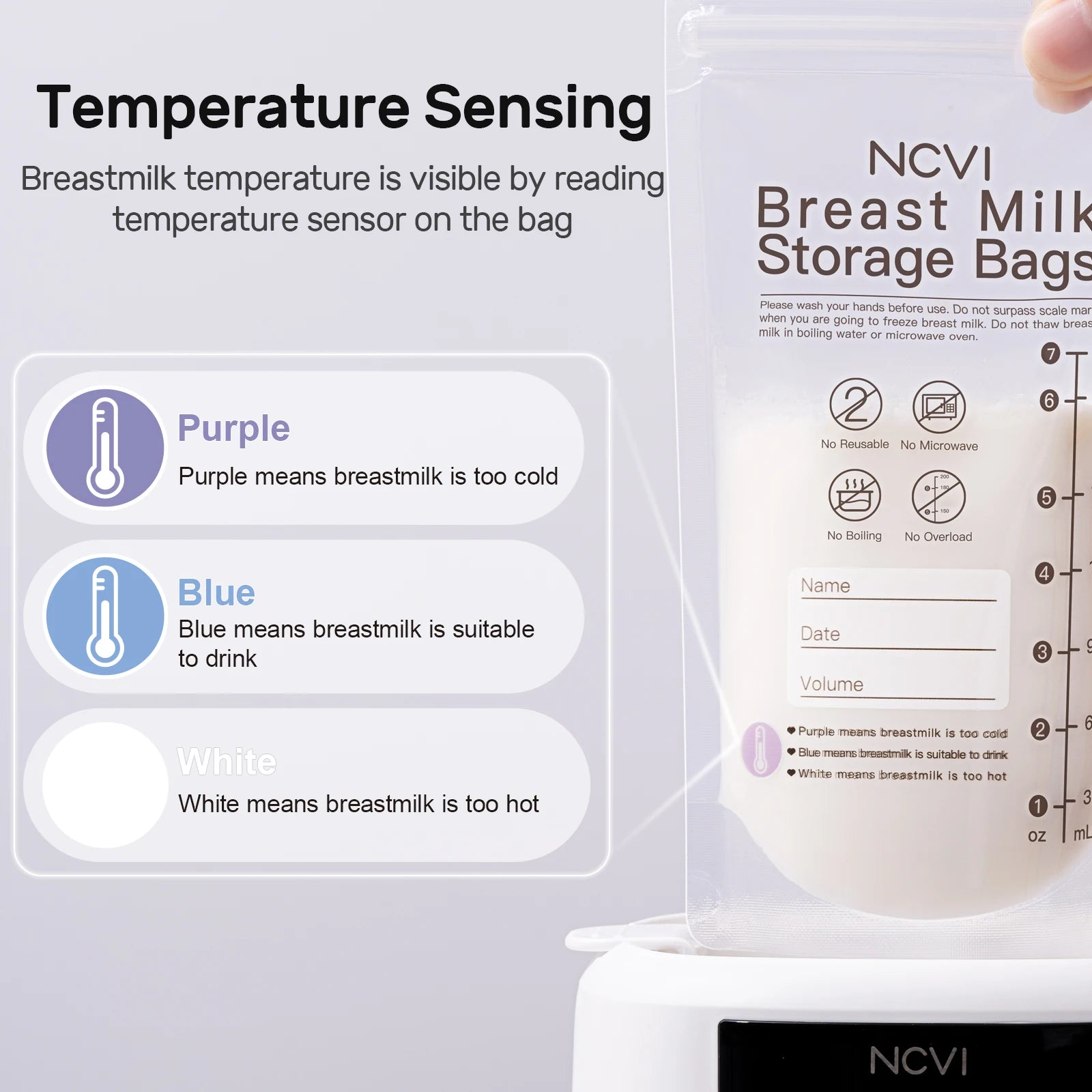 NCVI Breastmilk Storage Bags, 200ml Milk Freezer Bags for Breastfeeding,Preservation Bag, Temp-Sensing,Doubled-Sealed,BPA Free