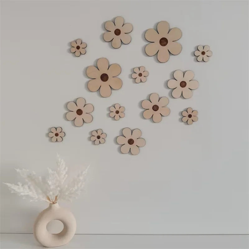 14Pcs/Set Nordic Style Wooden Round Daisy Home Background Wall Decoration Wooden Wall Stickers Holiday Decoration Wall Crafts Home Room Wooden Balloon Wall Stickers Homestay Coffee Bar Decorative Wall Decor
