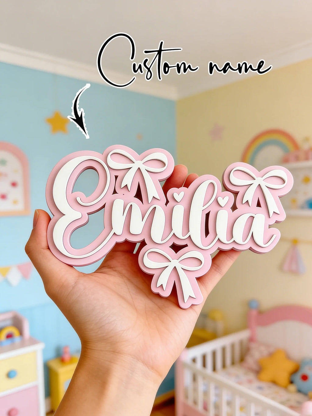 Personalized Wooden Name Sign for Girls – Pink Bow Heart Cursive Nursery Wall Decor